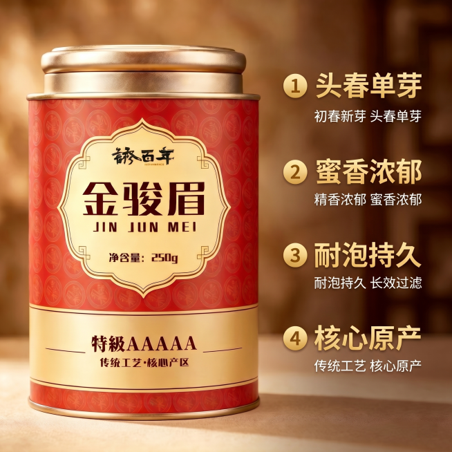 [主图 5] 锈百年金骏眉核心卖点总结。保持原茶叶罐造型颜色和文字不变，锈百年金骏眉茶叶罐放置在画面左侧，右侧竖排展示四大核心优势：1 头春单芽 2蜜香浓郁 3耐泡持久 4核心原产，每个优势配简约金色预览效果