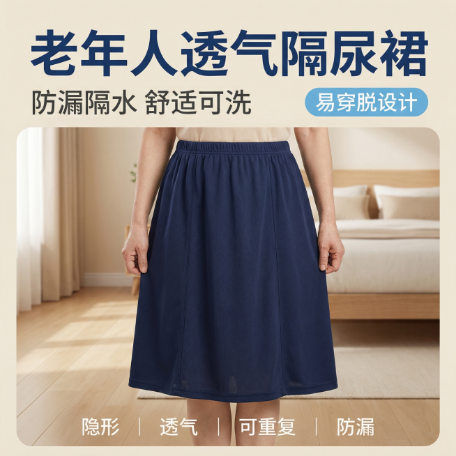 [主图1]老年人护理隔尿裙首图场景展示，[主图主题]老年人隐形隔尿裙护理用品，[氛围/风格]温馨干净的居家风格，柔和自然光，简约专业电商摄影，[画面元素]藏蓝色隔尿裙穿在一位中老年亚洲女性模特身上，模预览效果