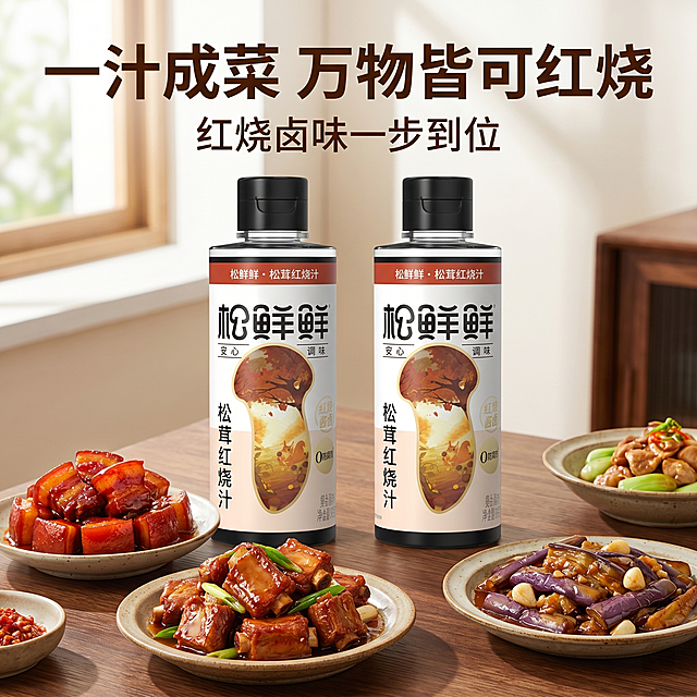[主图-6] 多种红烧菜品场景展示。
[氛围风格] 丰富应用场景，唤起家庭烹饪联想，食欲感满满；
[画质] 商业摄影质感、光线柔和通透、产品清晰真实、画面干净高级。
[元素] 松鲜鲜红烧汁产品放在画面中上方，下方摆放多道用该红烧汁做好的成品菜：红烧肉、红烧排骨、红烧茄子，色泽都鲜亮红润。保持松鲜鲜红烧汁产品外观（物理结构、材质质感、颜色）与输入产品图绝对一致，杜绝任何变形和色差，精细化处理。商品主体占比约60%，画面满屏无边框。
[光影] 温馨餐厅自然光，整体光线均匀，每道菜品都呈现诱人油光，增强食欲。
[配色] 深木质餐桌背景，红棕菜品色调，暖色调充满食欲。
[视角构图] 上产品下菜品的纵向分层构图，平视温馨家庭视角。
[文字版式] 顶部大字主文案 "一汁成菜 万物皆可红烧"，深棕粗体大字；下方辅助小字 "红烧卤味一步到位"。文字排版清晰不遮挡菜品和产品主体。
[比例分辨率] 1:1 比例，2k 分辨率；文字清晰锐利，画面超高清。
[负向提示词] 变形，水印，文字错乱，产品图模糊，背景杂乱。