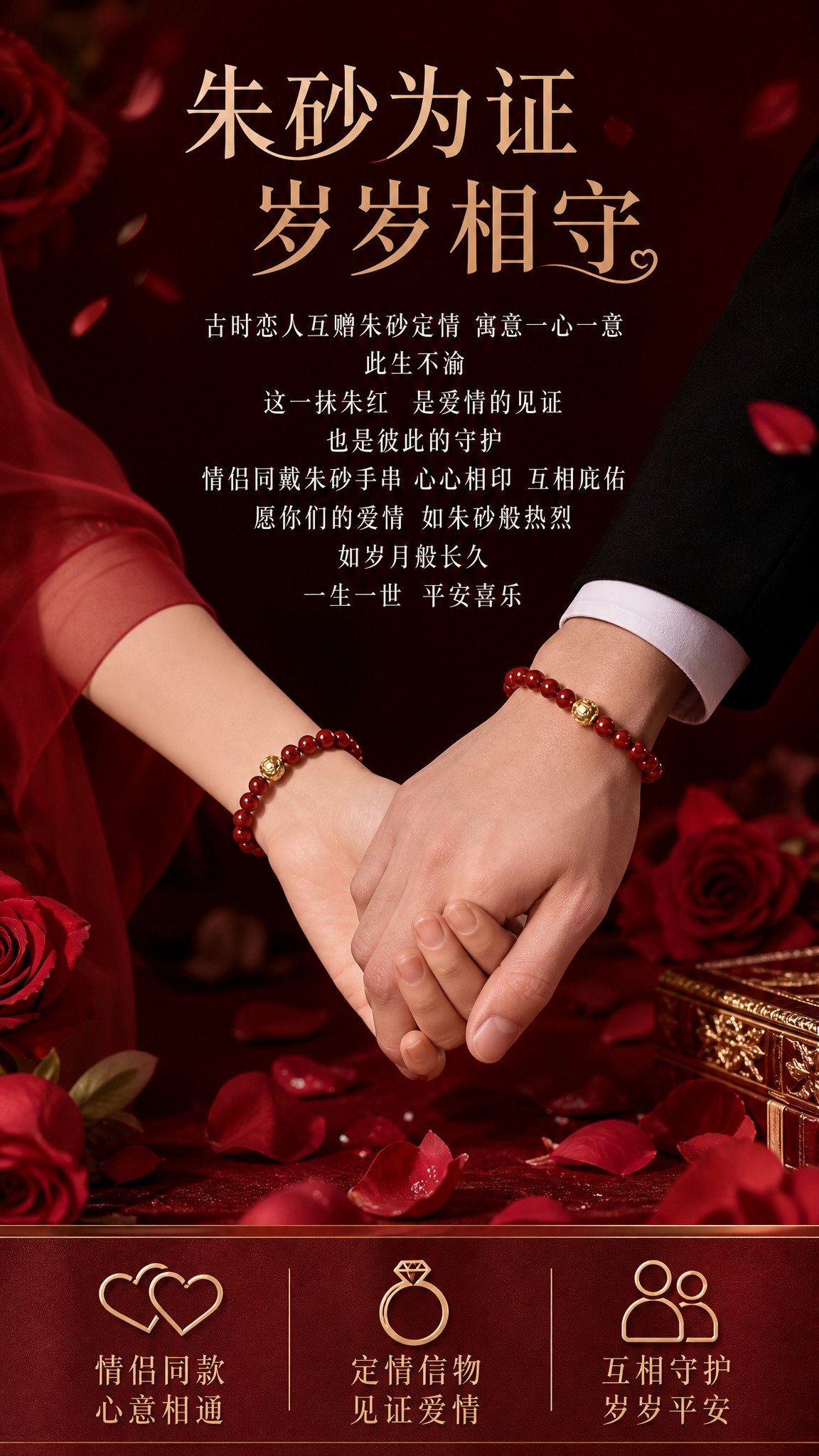 电商详情页情侣款故事卖点图，男女手腕各戴一条朱砂手串，双手相牵… - 图片创意预览