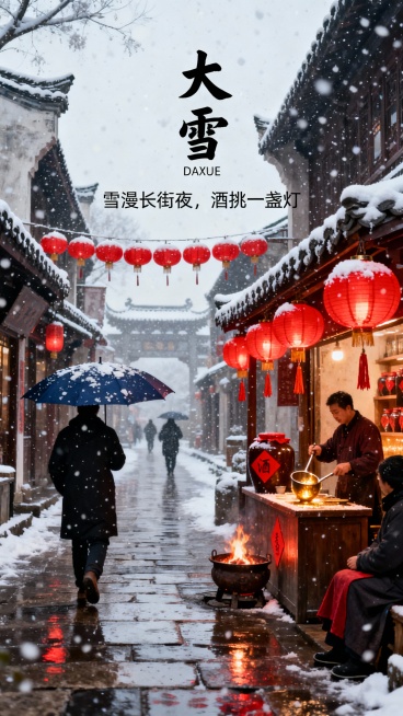 主标题“大雪”下方小字“DAXUE”氛围文案“雪漫长街夜，酒挑一盏灯”。大雪中的古街，中段酒铺挂两串红灯笼，行人撑伞路过。冷调：漫天半透明大雪、青石板路湿滑反光、行人黑/藏青深色伞面、深灰瓦檐积雪。暖预览效果