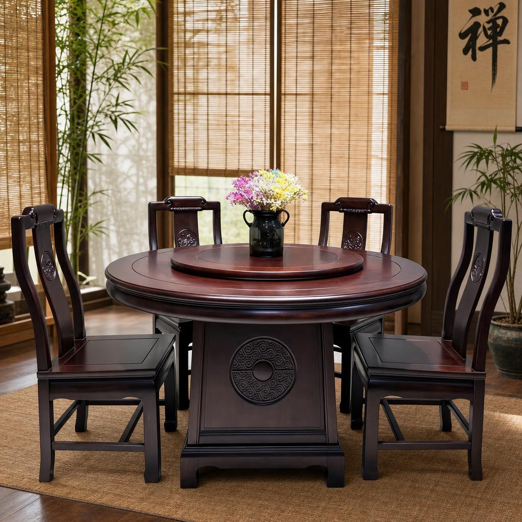 保持这套餐桌椅的款式、材质、颜色、雕花细节完全不变，将背景替换… - 图片创意预览
