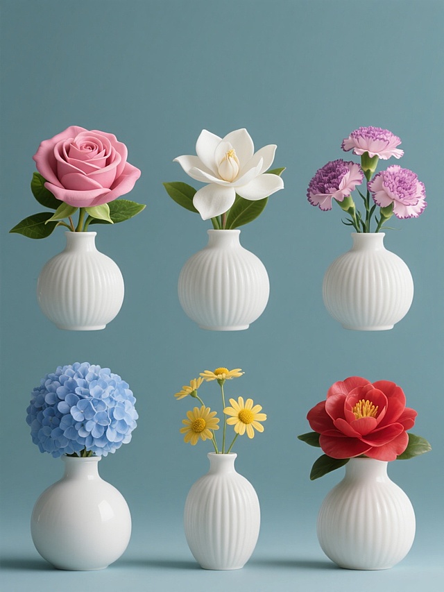 一组6个相同风格的花瓶系列素材集合，规整排布在纯色背景上，每个花瓶均为原图中同款的白色哑光陶瓷材质、带有细腻竖条纹纹理的圆润瓶身设计，保持高度一致的写实主义风格和清晰的光影细节。从左到右、从上到下（或按2x3网格均匀排列）依次为：1. 插有盛开的粉红色玫瑰花的花瓶，花朵层次分明，搭配绿色花萼与叶片；2. 插有洁白芬芳的栀子花的花瓶，花瓣饱满，绿叶衬托；3. 插有粉紫色康乃馨的花瓶，花瓣边缘呈波浪状，姿态优雅；4. 插有蓝色绣球花的花瓶，花球圆润饱满，色彩清新；5. 插有黄色小雏菊的花瓶，花瓣呈放射状，中心为黄色花芯，充满活力；6. 插有红色山茶花的花瓶，花瓣厚实有光泽，形态端庄。整体画面色彩协调统一，每个花瓶及花卉的光影效果、质感表现与原图保持一致，背景为干净的纯色，突出主体花瓶与花卉的细节之美。