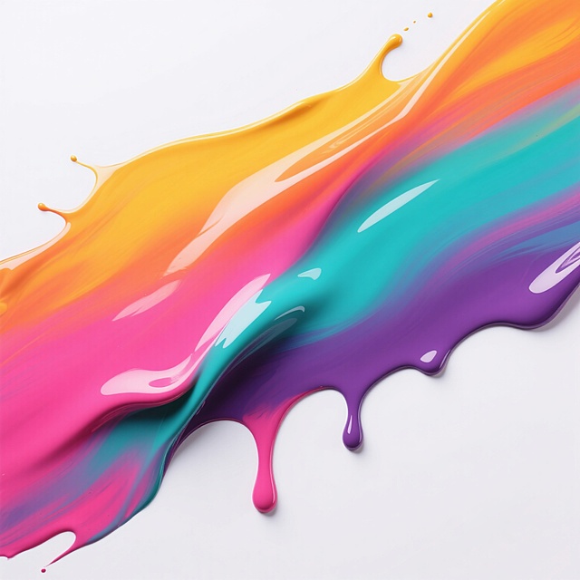 白色背景上，一大片流动感十足的彩色颜料泼溅效果，色彩从左至右依次呈现明亮的橙黄色、温暖的橙色、鲜艳的粉红色、深邃的紫色以及清新的蓝绿色，色彩之间相互交融渗透，边缘带有自然的晕染过渡，整体呈现出如同融化的彩色糖浆般的光滑粘稠质感，表面有细腻的光泽反射，颜料的流动形态自然舒展，带有轻微的垂坠感和流动性，没有明显的笔触纹理，整体风格现代抽象，色彩明快活泼。