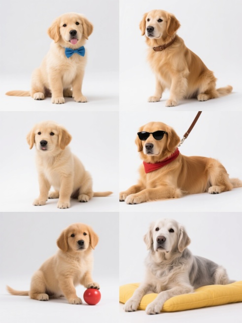 一组6只不同年龄、不同造型的金毛犬素材集合，采用高清晰商业宠物摄影风格，白色纯色背景，每只金毛保持蓬松柔软的毛发质感和自然光泽，光线为柔和的前侧光营造立体感，阴影清晰但不过重。幼犬（1-3个月）：浅金色毛发，戴着蓝色蝴蝶结项圈，坐姿歪头吐舌；少年犬（6-9个月）：亮金色毛发，站立姿态前爪搭着红色玩具球；青年犬（1-2岁）：标准金毛毛色，佩戴棕色皮质牵引绳，坐立耳朵自然下垂；成年犬（3-5岁）：……预览效果