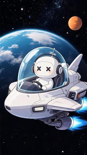坐着宇宙飞船从外太空飞来，ip形象为图中白色卡通机器人预览效果