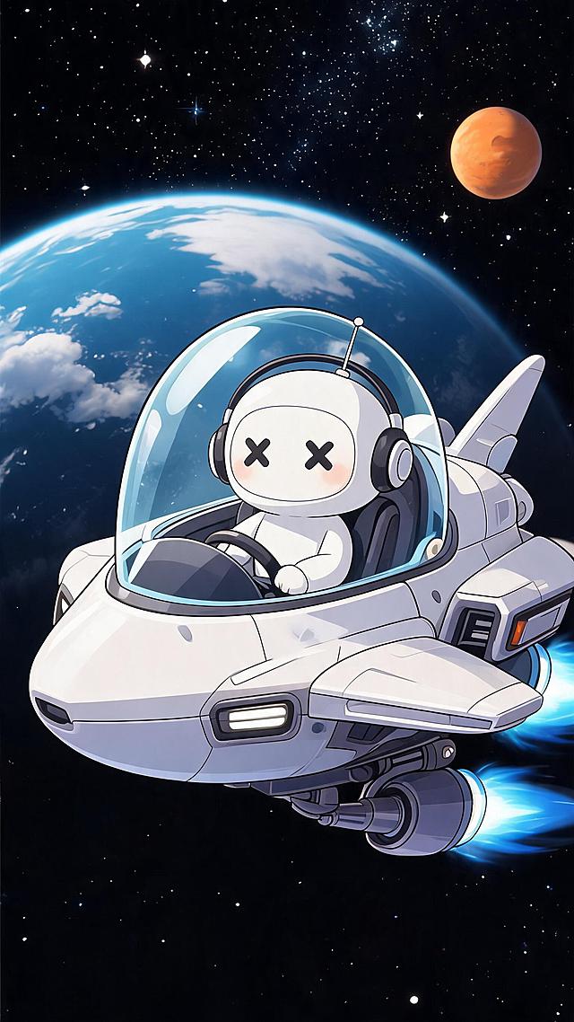 坐着宇宙飞船从外太空飞来，ip形象为图中白色卡通机器人