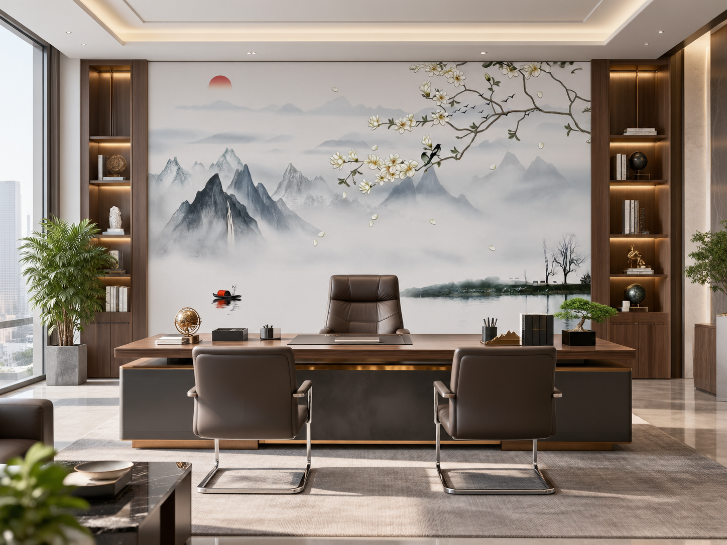 将这张刺绣硬包背景墙图安装在宽敞明亮、高端大气的总裁老板董事长… - 图片创意预览