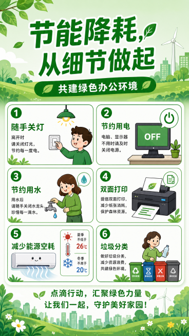 绿色为主色调的宣传海报，主题"节能降耗，从细节做起"，共建绿色办公环境，第五点内容改为"减少能源空耗，空调温度：夏季不低于26℃，冬季不高于20℃"，加入卡通漫画元素，内容简洁明了通俗易懂，整体风格简预览效果