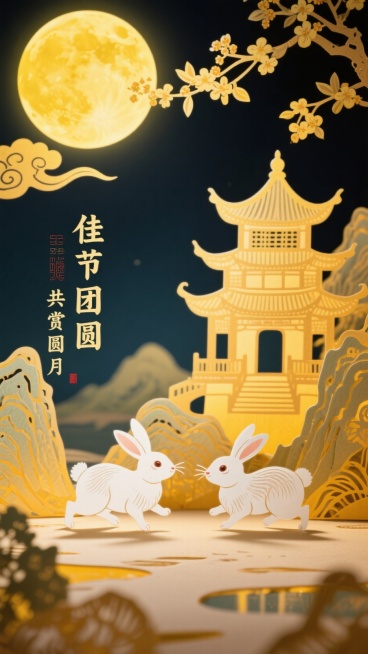 主体内容：中秋月夜下的中式古典楼阁，两只白兔在楼阁前活动；场景设定：古典楼阁立于山水间，天空挂着圆月，周围有祥云和飞舞的桂花；色彩色调：整体为暖黄色调，月亮明亮呈暖黄色，楼阁、山水等带有暖黄光影，白兔预览效果