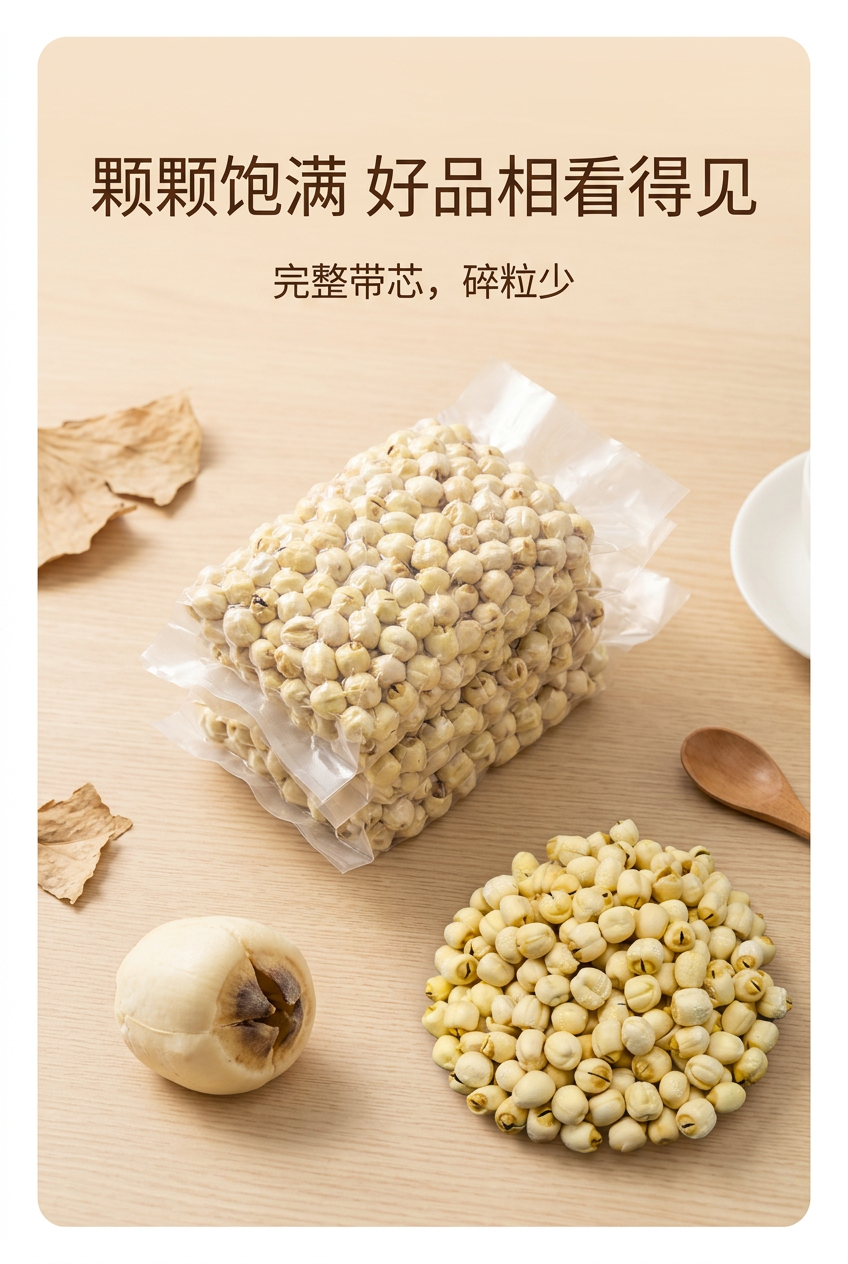 严格还原上传的带芯白莲子产品参考图，精准复刻莲子的形态、奶白微… - 图片创意预览