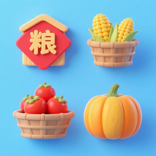 4个中秋素材组合，可爱电商促销感。素材包括：第一个粮仓（贴着带有 “粮” 字的红色菱形福字）；第二个一筐玉米；第三个一筐柿子；第四个南瓜。画面整体呈现鲜艳效果，淡蓝色背景。上下两行，排列整齐预览效果