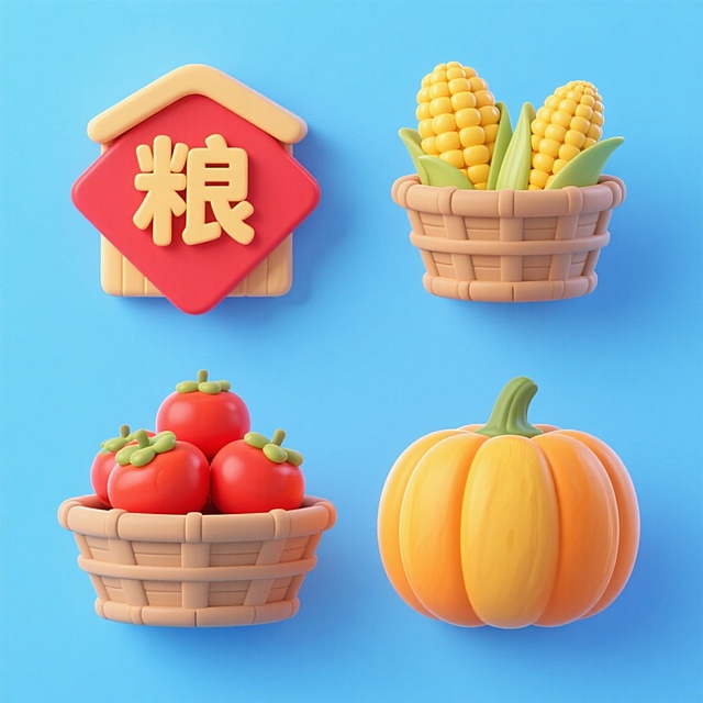 4个中秋素材组合，可爱电商促销感。素材包括：第一个粮仓（贴着带有 “粮” 字的红色菱形福字）；第二个一筐玉米；第三个一筐柿子；第四个南瓜。画面整体呈现鲜艳效果，淡蓝色背景。上下两行，排列整齐