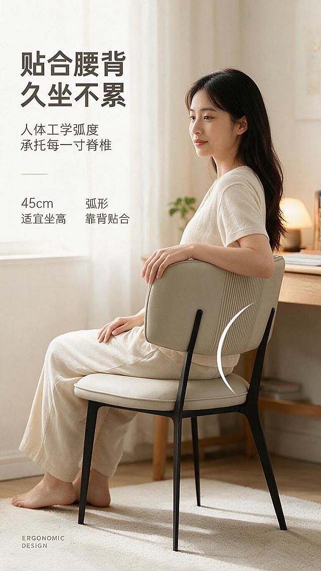 [第5张] 详情页人体工学体验页-模特坐靠舒适度展示（浅灰色款）。本张使用【图1】中浅灰色款餐椅作为商品主体。
[氛围/风格] 温馨居家生活方式，自然舒适，商业摄影质感。
[元素布局] 画面中央偏右为浅灰色餐椅，一位年轻女性侧身坐于椅上，手搭椅背，姿态放松自然，占比约60%；背景为简约书房/餐厅角落，搭配书桌、台灯、绿植、书籍等软装，生活气息浓厚；餐椅结构、颜色、比例与原图完全一致；靠背处叠加人体工学弧线标注，体现贴合腰背。
[光影质感] 窗边自然光柔和洒入，主光从左侧来，人物与餐椅光影自然，整体暖调明亮，氛围舒适。
[配色色系] 全局底色 #F8F5F0（暖米白）；主色浅灰色餐椅+木色家具；辅助色浅绿植物、暖黄灯光、深灰文字。
[视角构图] 45°侧视，人物与餐椅互动自然，阅读动线从人物坐姿→靠背弧线标注→左侧文案。
[文字版式] 左文右景版式。主标题「贴合腰背 久坐不累」，副标题「人体工学弧度 承托每一寸脊椎」；下方2个体验点「45cm适宜坐高」「弧形靠背贴合」；底部英文装饰「ERGONOMIC DESIGN」；文字不遮挡人物与餐椅主体。
[比例分辨率] 9:16竖版比例，1K分辨率，文字清晰可辨，高清画质。
[负向提示词] 餐椅变形，人物比例失调，颜色偏差，水印，文字错乱，产品图模糊，姿态不自然。