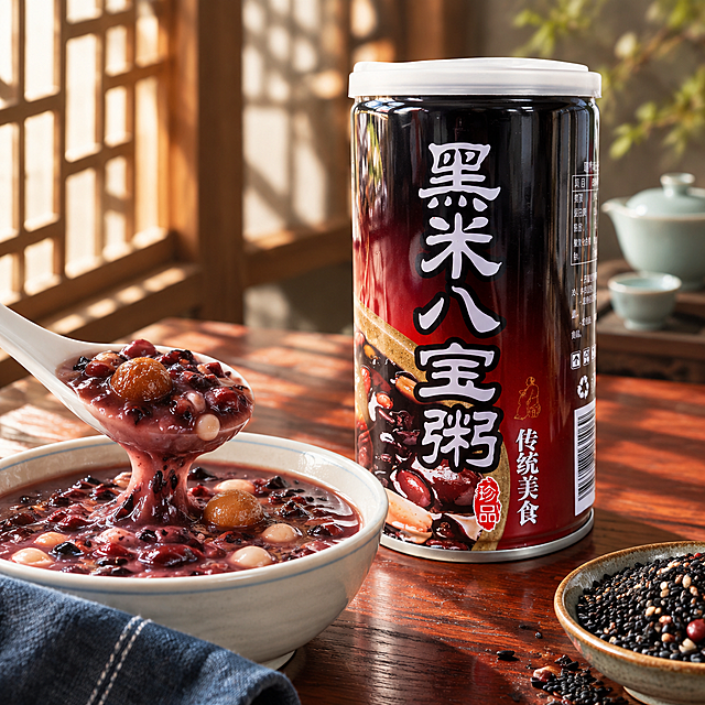 超写实食品商业摄影。
主体：黑米八宝粥易拉罐严格参照上传产品图，完整保留所有可见组件、部件、轮廓、结构、比例、材质、颜色与产品本体上的文字信息（logo/品牌/品名/规格/参数等），与上传图完全一致；自然融入场景光影，与场景共处同一物理空间。产品占画面55%，完整不裁切，背景无其他同类八宝粥产品。
构图：正面微侧10度平视，黄金分割构图，产品位于画面右侧。
风格：中式养生氛围感。
场景：中式茶室木几，午后窗光。
空间/承载：①产品下方，深红木色花梨木几面，木纹细腻；②背景左侧，中式木格窗棂透进柔和光线，光影斑驳；③远处虚化，青瓷茶具局部。
陪衬/食材：①产品前方，一只白瓷汤勺舀起一勺八宝粥，粥体拉丝浓稠，黑米、红豆、芸豆、桂圆清晰可见，真材实料；②产品左下方，一块折叠的藏青色棉麻餐布，纹理自然；③几面角落，一小碟黑芝麻与黑米混合谷物，颗粒饱满。
配色/材质：深红/墨黑/藏青/月白/暖金；金属易拉罐/白瓷/花梨木/棉麻/谷物。
光影：主光从左侧木格窗斜入45度，暖调午后柔光，在几面投下窗格光影；罐身正面受光均匀，粥体表面有晶莹高光，质感诱人。
参数：4K写实光追，商业美食摄影质感。严格锁定宽高比为1:1。