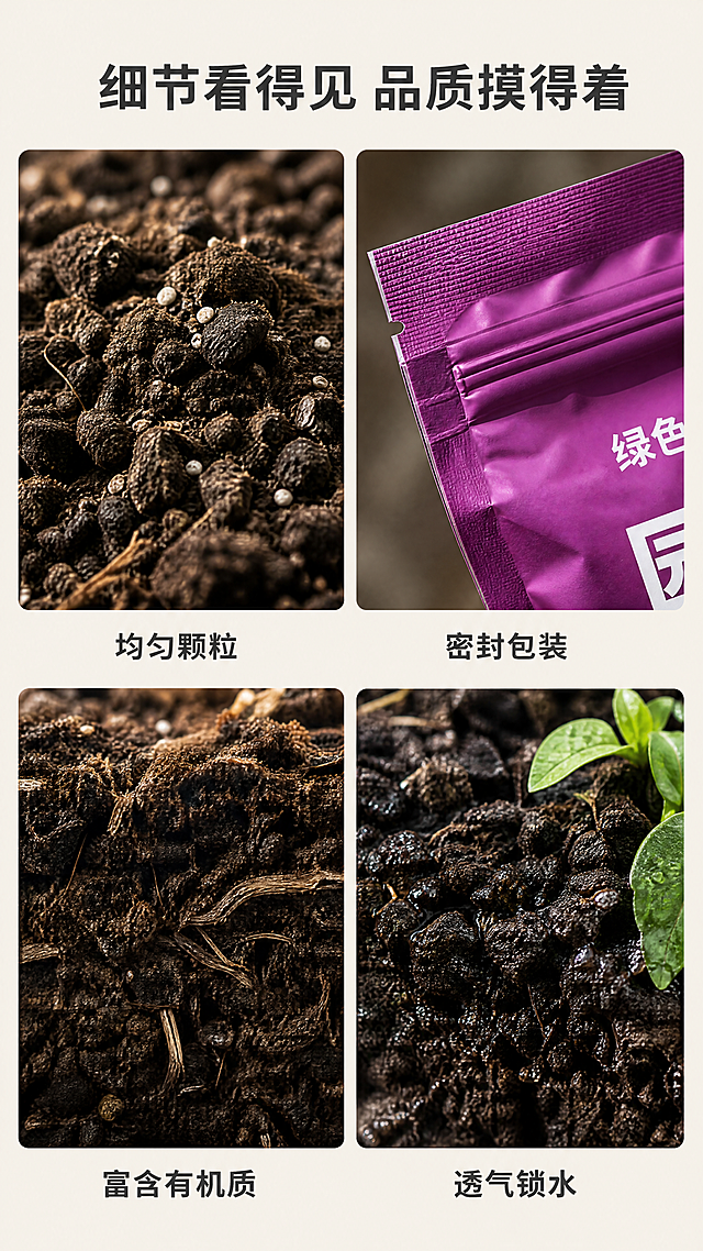 [第6屏] 详情页产品细节展示，微距呈现营养土和包装细节，分四格细节宫格。本屏使用【图1】产品作为参考。
[氛围/风格] 品质细节展示，微距写实风，突出产品高端质感，商业摄影清晰质感。
[元素布局] 顶部标题占10%高度，下方分成2行2列共4个细节宫格，每个宫格展示一个关键细节，宫格保持均匀间距。分别展示：1. 营养土颗粒质感特写，2. 包装袋封口工艺细节，3. 有机质土壤剖面特写，4. 浇水后透气效果展示。
[光影质感] 每个细节都使用侧光突出纹理质感，颗粒清晰，明暗层次分明，细节真实可辨。
[配色色系] 全局底色：#F5F1E9（浅米杏）；保持整体统一色系，土壤深色，包装紫色，植物绿色自然呈现。
[视角构图] 宫格式排版，每个细节独立展示，微距特写突出品质，整体构图平衡高级。
[文字版式] 顶部主标题 "细节看得见 品质摸得着"，加粗深灰色居中；四个宫格每个宫格下方标注细节卖点，分别是 "均匀颗粒"、"密封包装"、"富含有机质"、"透气锁水"，文字清晰适配手机阅读。
[比例分辨率] 9:16 竖版比例，4K分辨率，文字清晰可辨，超高清。
[负向提示词] 细节模糊，纹理失真，颜色怪异，文字遮挡主体，水印，背景杂乱。