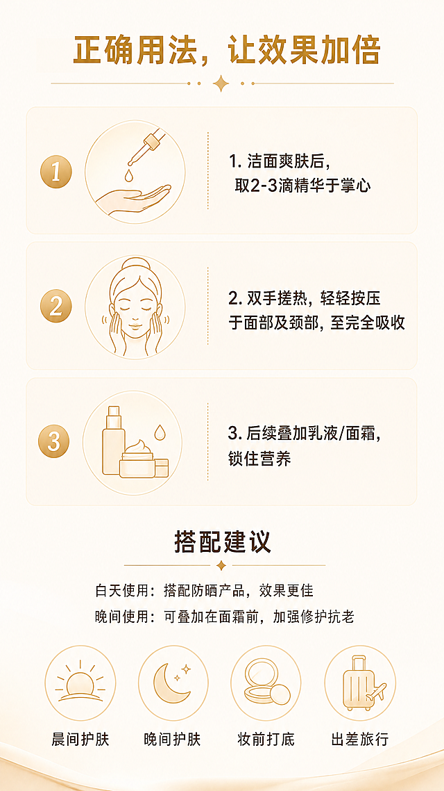 [第7屏] 使用方法&搭配建议模块，ALIVAYA焕白抗老精华液。
[氛围/风格] 简约轻奢实用风，暖米调，清晰直观，生活化氛围感。
[元素布局] 页面顶部是模块标题，下方分为上下两部分，上半部分是三步使用步骤图文分解，每一步包含步骤序号、简约图标、步骤文字说明，三步依次为：1.洁面爽肤后，取2-3滴精华于掌心；2.双手搓热，轻轻按压于面部及颈部，至完全吸收；3.后续叠加乳液/面霜，锁住营养。下半部分是搭配建议，再下方放置四个小场景图标：晨间护肤、晚间护肤、妆前打底、出差旅行。整体布局清晰，步骤明确，不拥挤。
[光影质感] 整体光线均匀柔和，步骤图标带有浅金色填充，每个步骤区分清晰，文字明亮不灰暗，生活化自然光影。
[配色色系] 全局底色：#FFF9F2（米白色）；步骤序号和图标：暖金色；标题：深棕色+金色；文字：深棕色；辅助图标：浅琥珀色线条。
[视角构图] 竖版从上到下分步构图，每一步横向排列，符合移动端滑动阅读习惯，分区清晰。
[文字版式] 顶部居中模块标题：「正确用法，让效果加倍」，加粗金色无衬线字体；每个步骤左侧是圆形金色序号，中间是图标，右侧是步骤文字，行间距舒适；搭配建议区域标题：「搭配建议」，加粗深棕色，下方分两行：「白天使用：搭配防晒产品，效果更佳」「晚间使用：可叠加在面霜前，加强修护抗老」，常规字体；四个场景下方分别标注对应名称，排版整齐，预留足够留白。
[比例分辨率] 9:16竖版比例，4K分辨率，文字清晰移动端可读。
[负向提示词] 步骤布局错乱，文字重叠，图标模糊，背景杂乱，水印