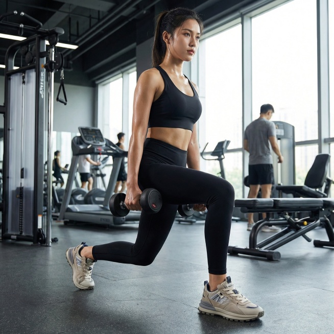 生成这双网面透气老爹鞋搭配黑色健身套装的健身房训练场景穿搭电商图，年轻女性穿着，背景是现代健身房内，活力运动氛围预览效果