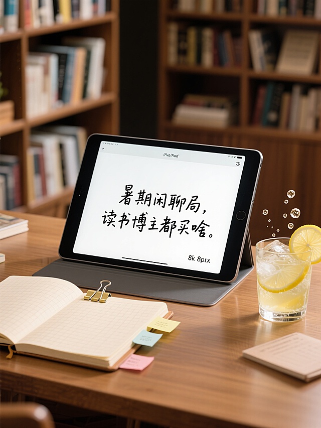 一个书桌，正面摆放着一个 iPad，iPad 上手写字写着“暑期闲聊局，读书博主都买啥”，字迹工整，画面上左下角是打开的浅色格文笔记本，夹子、便利贴等元素装饰，文字排版错落有致，右下角是一杯插着柠檬片、有气泡飘散的冰汽水。背景为虚化的很有文化气息的书柜，摆满了书