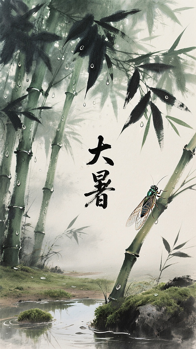 画面中心是茂密的夏日竹林，竹叶低垂带水珠（表现潮湿），阳光透过叶隙洒下斑驳光影，地面点缀青苔与小水洼；右下角画一只趴在竹枝上的蝉（特写，翅膀透明带纹路），居中题毛笔字‘大暑’（书法字体，墨色浓淡不一）；整体色调以深绿、墨黑、米白为主，背景朦胧带水汽感，氛围静谧中透着夏日的厚重，构图留白写意，类似古画的散点透视