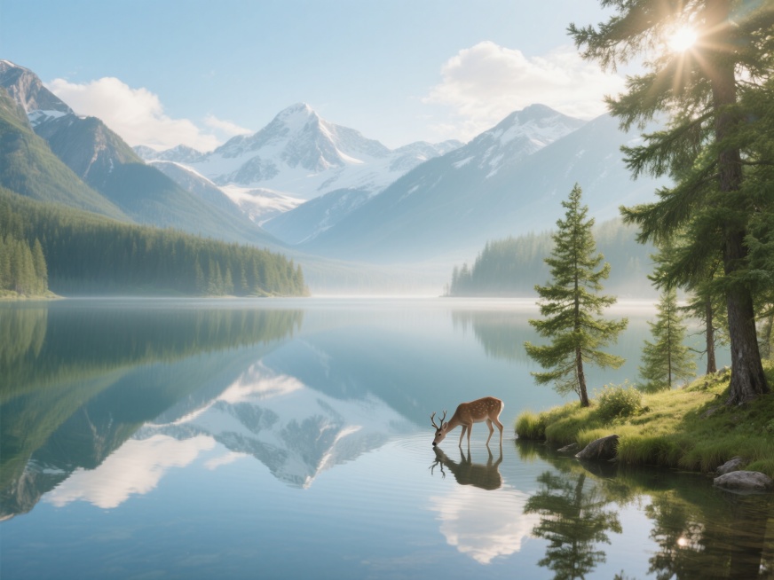 清晨阳光照耀下的山间湖泊，湖面平静如镜，倒映着远处的雪山和蓝天白云，湖边点缀着几棵翠绿的松树，岸边有一只小鹿低头饮水，整体画面清新治愈，充满自然生机，光影柔和，色彩明快预览效果