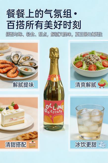 场景体验（下）页：主标题“餐桌上的气氛组・百搭所有美好时刻”加粗，副标题“搭配海鲜、轻食、甜点，解腻又提味，夏日限定冰饮更佳”常规字体；多图拼接网格布局，上排为“海鲜餐 + 夏沫”“轻食沙拉 + 夏沫预览效果
