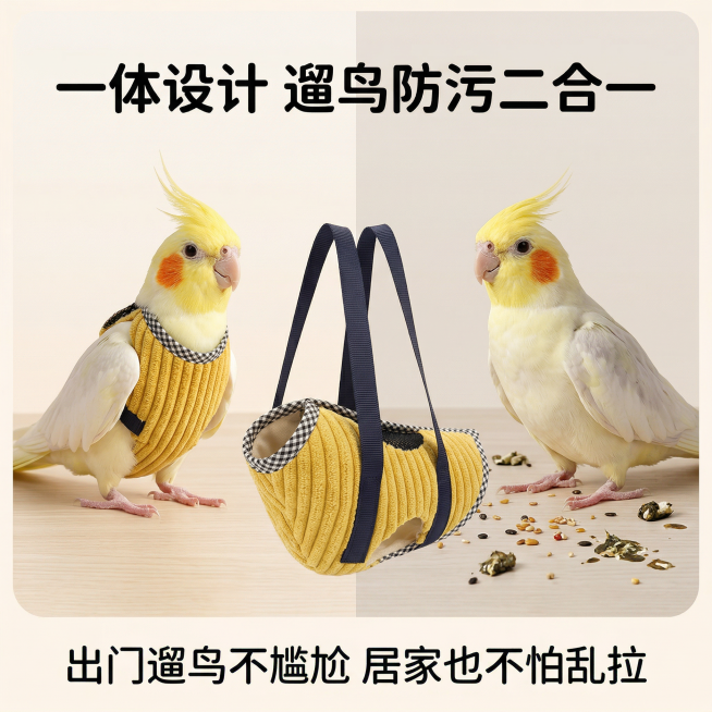 1:1竖版电商主图，治愈系养宠实用风，严格还原鹦鹉遛鸟袋的细节和产品尺寸比例。主视觉：左右对比布局，左侧为穿遛鸟袋的鹦鹉，羽毛干净无污渍；右侧为未穿遛鸟袋的鹦鹉，周围有污渍痕迹，中间放置黄色款遛鸟袋，预览效果