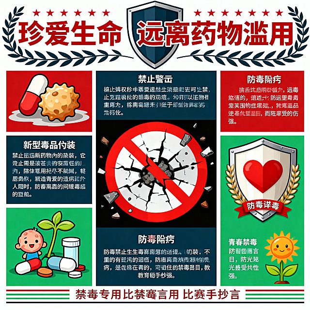 比赛专用禁毒手抄报，整体对称式构图，色调以红色、绿色、深蓝色为主。画面顶部是艺术化主标题"珍爱生命 远离药物滥用"，字体醒目有力，周围环绕橄榄枝与盾牌图案。版面中心位置是核心警示板块，展示破碎的毒品图案搭配醒目的禁止符号。四周分布四大内容区域：左侧板块绘制卡通插画呈现新型毒品的伪装形态；中间板块用对比强烈的图文展现药物滥用的危害；右侧板块以盾牌、爱心为装饰，呈现防毒拒毒方法；底部区域书写青春禁毒誓言，搭配阳光、幼苗元素。整幅作品图文结合、层次分明，线条简洁流畅，色彩对比强烈，主题突出，庄重醒目，极具教育感染力