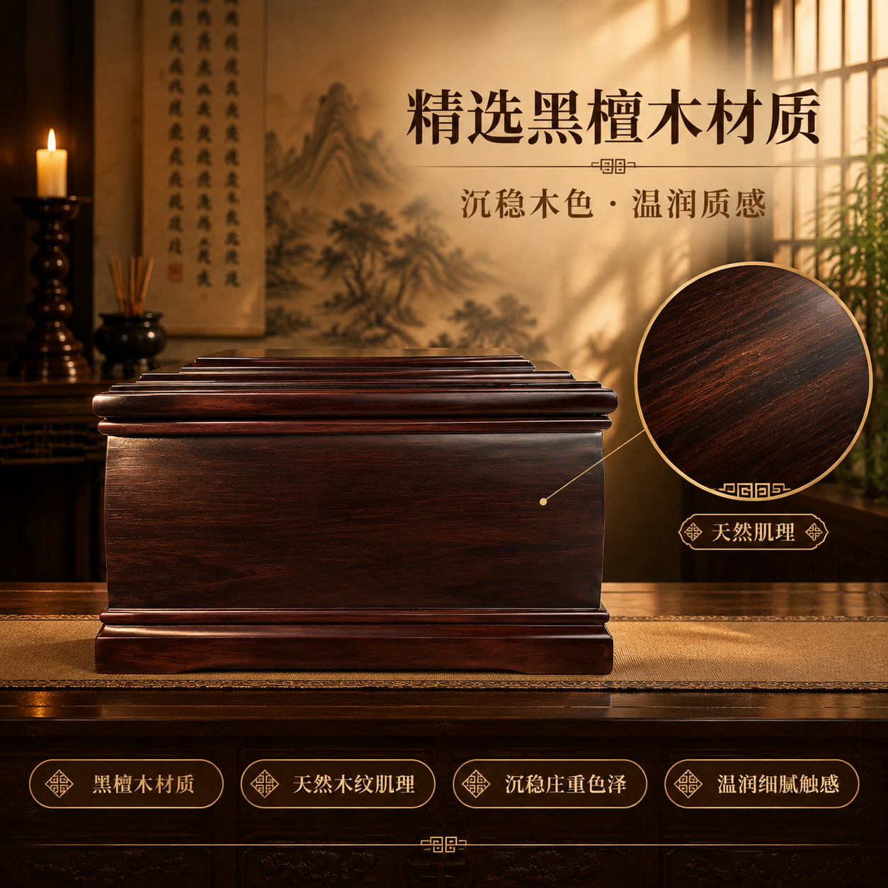 [主图-3 材质展示] 黑檀木天然木纹与温润质感展示，突出材质… - 图片创意预览