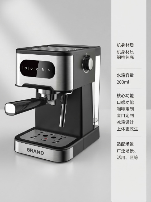 意式半自动咖啡机放置在画面左侧，参数列表在画面右侧分区呈现，咖啡机占画面45%。参数文案为"机身材质"、"水箱容量"、"核心功能"、"适配场景"，排版清晰，文字不遮挡产品核心。参数排版整齐不混乱，产品预览效果