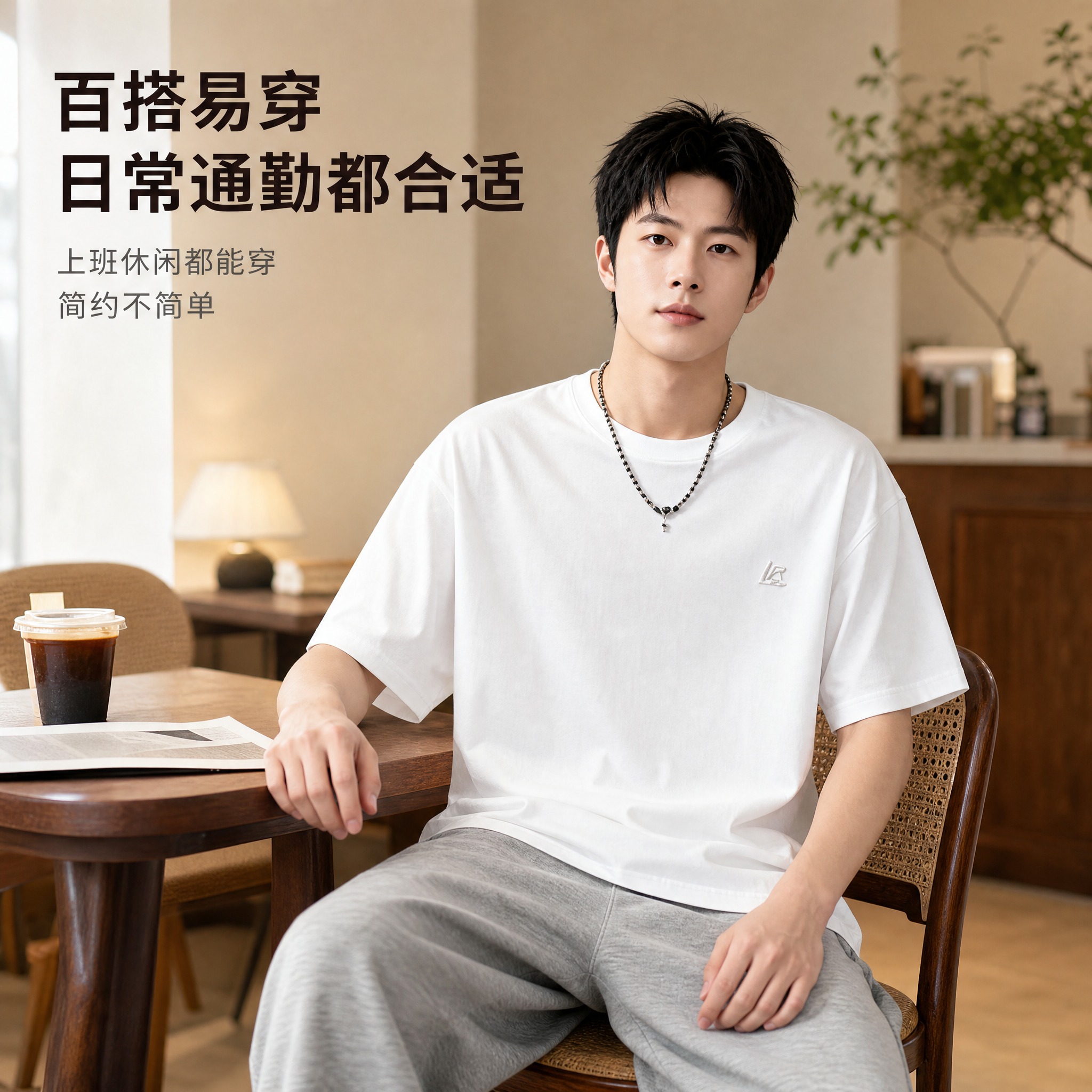 [主图-5] 男士纯棉宽松落肩圆领短袖T恤（白色）日常通勤场景… - 图片创意预览