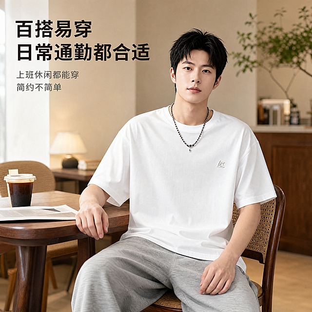 [主图-5] 男士纯棉宽松落肩圆领短袖T恤（白色）日常通勤场景穿搭展示，突出百搭易搭配特性。
[统一基调] 高级感 松弛感 自然抓拍 柔和时尚摄影光 生活化；背景为简约室内咖啡店场景，整体暖调柔和；字体为简洁无衬线黑体，标题字色深棕黑色，辅助字色中灰色，强调色为暖棕色；卡片与图标采用圆角细线风格，整体干净简约不杂乱。
[画面] 同一位年轻亚洲男模特，短发清爽，五官立体有网感；场景为简约风格咖啡店室内，背景有木质桌椅、暖光台灯、绿植点缀，环境干净有格调不杂乱；模特坐在咖啡店椅子上，身体微微前倾，一只手放在桌上，另一只手自然搭在腿上，姿态放松自然，像日常通勤休息的状态；模特身穿白色纯棉宽松落肩圆领短袖T恤，下装搭配浅灰色宽松休闲卫裤，与前几张一致；T恤在真实生活场景中呈现自然的穿着状态，面料有自然的褶皱，垂坠感好；画面为中景构图，从头顶到大腿中部，完整展示穿搭效果与场景氛围；T恤主体清晰，背景适度虚化，突出人物与服装。
[光影质感] 柔和自然的室内暖光，主光从侧面窗户方向打来，形成自然的明暗层次；T恤面料在真实光线下呈现纯棉的自然质感，颜色纯净；整体画面温暖有生活气息，光影自然不生硬。
[配色] 背景为咖啡店暖木色与米色调，T恤白色，下装浅灰色，整体暖调和谐；文字深棕黑色与中灰色，强调色暖棕色；与整套视觉基调一致。
[文字版式] 左上角放置主标题文字块，主标题大字为"百搭易穿 日常通勤都合适"，字体为粗体无衬线黑体，深棕黑色；主标题下方两行辅助文字："上班休闲都能穿""简约不简单"，文字为小号无衬线体，中灰色；所有文字放在左上角负空间，不遮挡模特主体；文字清晰可读，大小层级分明。
[输出要求] 1:1正方形比例，2K分辨率；产品清晰，场景自然真实，文字清晰；禁止变形、错字、模糊、杂乱背景、水印、平台Logo、多余手指、肢体穿模、面部扭曲；禁止与前四张构图角度重复。