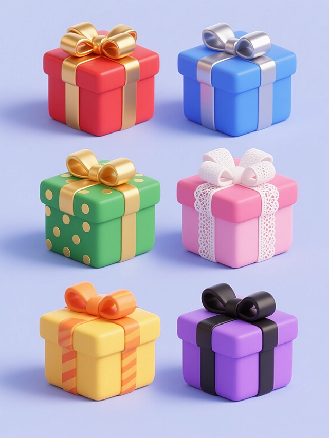 一组6个不同造型的礼盒系列素材，每个礼盒保持相同的3D立体风格、光滑细腻的材质感和简约几何造型，均为方形盒身配大蝴蝶结，整体排布规整。第一个红色礼盒配金色缎带蝴蝶结，第二个蓝色礼盒配银色蝴蝶结，第三个绿色礼盒配金色波点蝴蝶结，第四个粉色礼盒配白色蕾丝蝴蝶结，第五个黄色礼盒配橙色条纹蝴蝶结，第六个紫色礼盒配黑色蝴蝶结，所有礼盒均置于纯色背景上，色彩明快鲜艳，光影过渡自然，高光和阴影细节丰富，保持统一的卡通插画风格。