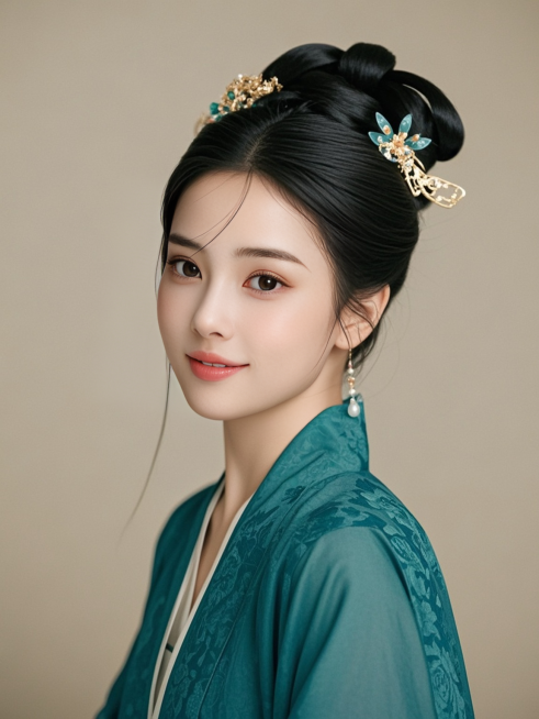 一名身穿绿色系汉服的女生，中式发饰，皮肤纹理清晰，高清商业摄影，半身照，人物特征保持预览效果
