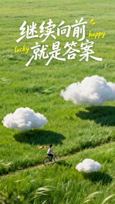 满屏翠绿草地，草叶被风吹动呈现自然动态，三朵大小不一的云低空漂浮，近处小朵云与远处连片云投射出柔和阴影，高空俯拍视角下，一个很小的身影骑着自行车穿行于草地，围巾随风扬起。整体治愈系风格，绿色清新色调，预览效果