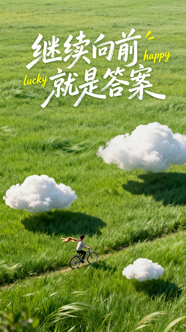 满屏翠绿草地，草叶被风吹动呈现自然动态，三朵大小不一的云低空漂浮，近处小朵云与远处连片云投射出柔和阴影，高空俯拍视角下，一个很小的身影骑着自行车穿行于草地，围巾随风扬起。整体治愈系风格，绿色清新色调，宏大场景中传递宁静感。画面上方有潇洒灵动手写风格的中文文字“继续向前 就是答案”，笔画连笔自然，粗细变化丰富，字迹错落分布，点缀黄色英文装饰“lucky”“happy”，字体轻盈灵动。