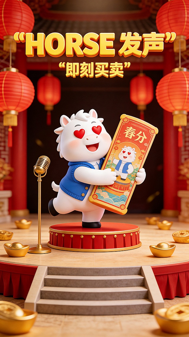 Q 版潮玩盲盒风格，3D 建模渲染，光线明亮。主体为一只胖卡通白马穿着蓝色开衫马甲，双眼是两颗红色爱心；白马呈开心雀跃的姿态，双臂环抱着一个巨大化的参考图物品，身体微微前倾，神态活泼又憨萌；白马站在一个喜庆的剧场舞台的小台子上，旁边一个金色麦克风，背景红灯笼高挂，金元宝分布在周围地面，前景有一些台阶。整体采用暖色调柔光照明，柔焦浅景深，画面可爱幽默，上方潮流3D黄色大字“HORSE发声”，副标题3D黄色小字“即刻开卖”。