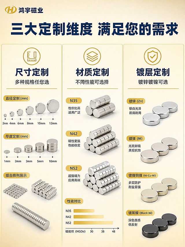 [商品] 使用【图1-图5】钕铁硼强磁 可定制 圆形磁铁；保留圆形扁平结构、银色金属电镀外观；展示不同尺寸阵列时保持产品真实比例关系。
[画面] 第2张-定制服务，三栏定制能力展示。目标：清晰展示三大定制维度。构图：三列竖排布局，每列一个定制主题，顶部配图标和标题，下方配对应产品展示图。第1列：尺寸定制，展示不同直径/厚度的圆形磁铁大小对比；第2列：材质定制，展示不同性能等级的钕铁硼材质示意；第3列：镀层定制，展示镀锌/镀镍等不同表面处理效果。每列产品图角度不同，避免重复。
[视觉] 套系策略：风格=蓝金工业品质风；标题字=粗黑体；正文字=黑体；主色=米金色；背景延展=米金色渐变背景，三列背景深浅略有区分但统一米金调；强调色=浅金色（#d4af37），用于图标、分隔线和标签；标题色=深蓝色（#1a365d）；正文色=深灰色；组件=浅金色图标框、深蓝色定制标题、浅金色细竖分割线；光影=每列独立工业摄影光效，金属质感统一。
[文字] 顶部主标题"三大定制维度 满足您的需求"深蓝色粗黑体。三列分别标注：尺寸定制 多种规格任您选；材质定制 不同性能可选择；镀层定制 镀锌镀镍可选。每列标题深蓝色，说明文字深灰色，图标浅金色。左上角"鸿宇磁业"品牌名。文字清晰可读，手机端可辨。
[规格] 图片比例3:4竖版，2K分辨率，避免变形、错字、文字过小、水印、平台Logo、悬浮感、产品结构失真。