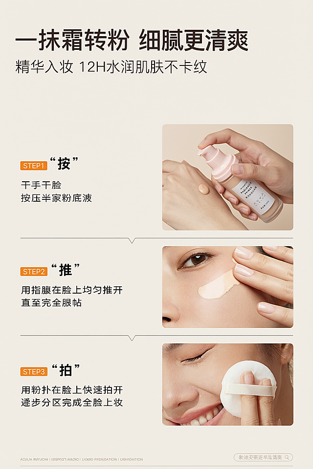 保留原图整体设计，将参考图STEP1模块中手部拿的产品替换为用户上传的图二中的浅粉色按压瓶「柔光丝滑云朵霜」产品，保持其他内容不变：2:3竖版比例，高端美妆使用教程电商详情页设计，简约轻奢细质轻奢风，温润高级哑光质感。三个纵向排列的上妆步骤模块，每模块采用统一的左文右图结构：STEP1 模块右侧为手部特写，现在使用替换后的新产品图，呈现干手干脸状态下按压半泵产品至手背的动作；STEP2 模块右侧为脸部局部特写，呈现用指腹将粉底液在脸颊均匀推开至服帖的动作；STEP3 模块右侧为脸部局部特写，呈现用粉扑在脸上快速拍开、分区完成全脸上妆的动作；每个步骤模块之间搭配带向下 V 型箭头的纤细分隔线，串联起完整的上妆流程；画面顶部左上角配有 "LIQUID FOUNDATION" 圆角小标签，右上角搭配极简线条装饰小图标。场景为专业美妆棚拍场景，采用柔和漫射柔光均匀打光，人物手部与脸部皮肤质感真实细腻，产品与膏体质地清晰自然，无生硬阴影与过度磨皮失真感。构图采用纵向三段式垂直布局，严格适配 2:3 竖版浏览动线，画面顶部为标题区域，下方三个步骤模块等距纵向依次排列，每个步骤内部统一采用左文右图的横向分栏结构，整体构图规整有序，视觉动线自上而下流畅自然，留白充足不拥挤。色彩色调采用低饱和暖米杏色系，背景为纯净浅奶米色，步骤序号标签以暖橙色作为视觉点缀，主文字为深棕褐色，人物肤色自然通透，产品色调与整体画面和谐统一，整体色调柔和温润，无高饱和刺眼色彩，营造舒适高级的美妆氛围。画面风格为专业写实美妆摄影结合简约平面设计风格，画面干净整洁，信息清晰易读，兼具教程实用性与高级视觉质感，适配电商详情页使用方法展示场景。背景要素为纯净哑光浅奶米色背景，右上角点缀同色系淡色大号装饰字母暗纹，在增加画面细节层次的同时不抢夺主体视觉焦点，整体背景简洁干净，充分突出步骤内容与产品展示。文字排版方面，画面顶部标题区左对齐排布：主标题分两行排列为 "分区上妆 成膜更清爽"，采用粗体无衬线字体，字号最大醒目；主标题下方搭配副标题 "彩妆师亲传使用方法"，采用纤细常规字重字体，字号次之；每个步骤模块的左侧文字区，先放置暖橙色圆角矩形标签标注 "STEP1/STEP2/STEP3"，标签旁搭配大号单字动作标题 "按""推""拍"，动作标题下方为两行小字步骤说明；画面底部点缀一行浅灰色英文装饰文字，丰富画面细节。排版形式采用左对齐极简排版 + 分栏模块化排版 + 大小层级排版 + 纵向阶梯排布，所有文字沿左侧统一对齐，步骤模块结构统一规整，通过字体大小、字重、颜色区分清晰的信息层级，分隔线引导阅读顺序，整体排版逻辑清晰，阅读体验顺畅自然。设计感强调：以标准化的模块结构打造规整有序的教程观感，V 型箭头分隔线强化步骤的递进感与视觉引导性，左文右图的布局贴合大众阅读习惯，暖橙色序号标签精准锚定步骤节点，背景暗纹在不干扰主体的前提下提升画面精致度；整体风格统一柔和，既保证使用方法清晰易懂，又兼具高端美妆的视觉质感，有效降低用户学习成本，提升产品的专业感与可信度。