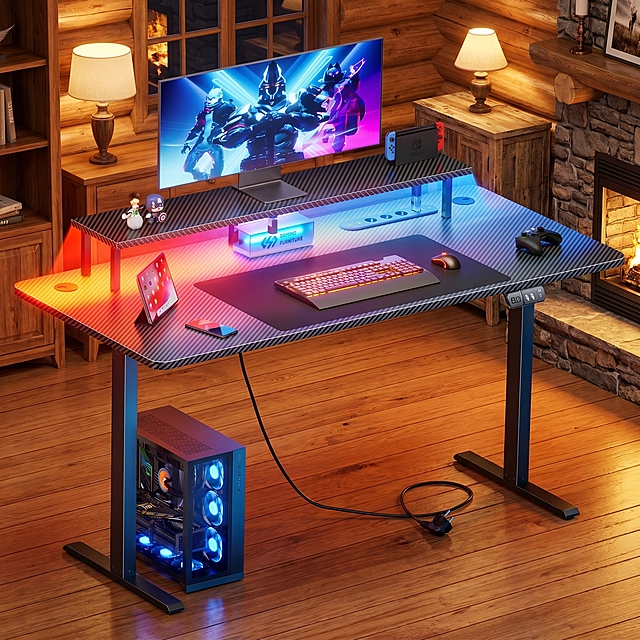 Do not modify any content of the original LED gaming desk, completely replicate the product appearance, material, color and all details, only replace with a different background. Change the background to a warm log style e-sports room, with wooden floor and solid wood furniture, warm atmosphere, style collision between cool technology and warm home. The product and background are naturally integrated, the lighting is soft, highlighting the product's own LED light color change. Commercial photography, high-definition, 1:1 ratio, 2K resolution, comply with Amazon cross-border platform regulations. Negative prompt: deformation, watermark, text confusion, blurred product image, cluttered background