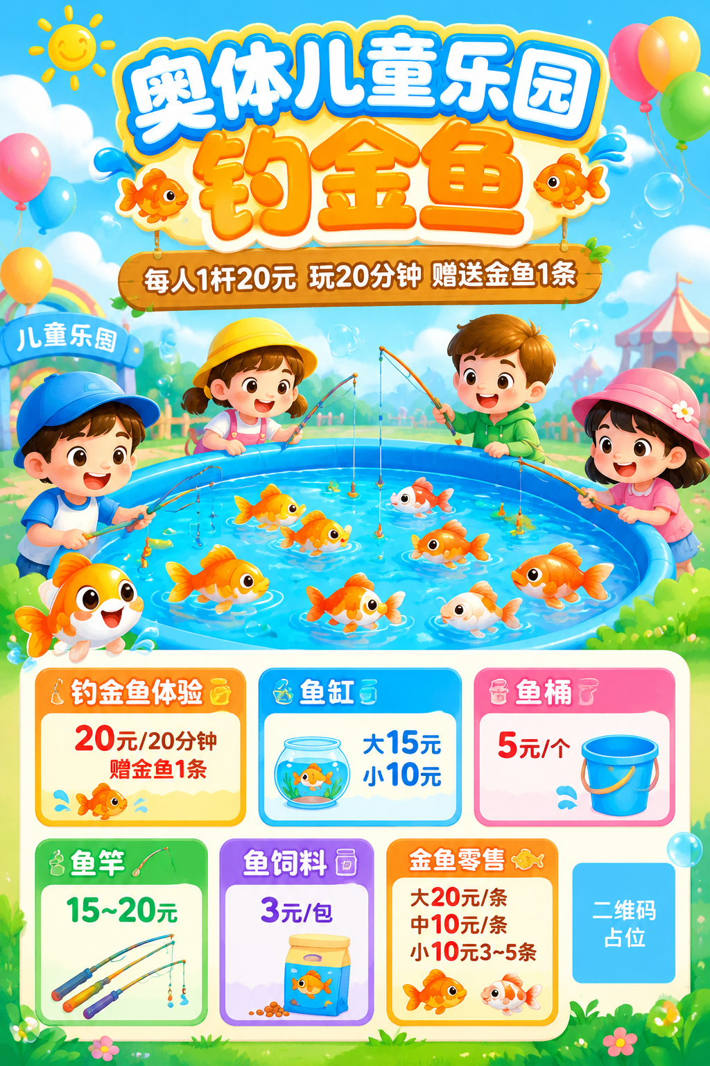 儿童乐园钓金鱼活动海报，童趣卡通风格，明亮活泼的色彩。画面顶部… - 图片创意预览