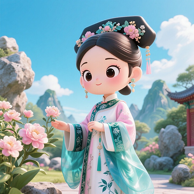 Q版全身的清朝妃子，女性化更强一些（大眼睛、粉白皮肤，带有暗纹细节的绿蓝丝绸、绸纱服装，），在赏花。背景是御花园山水石头，蓝天白云，光线明亮