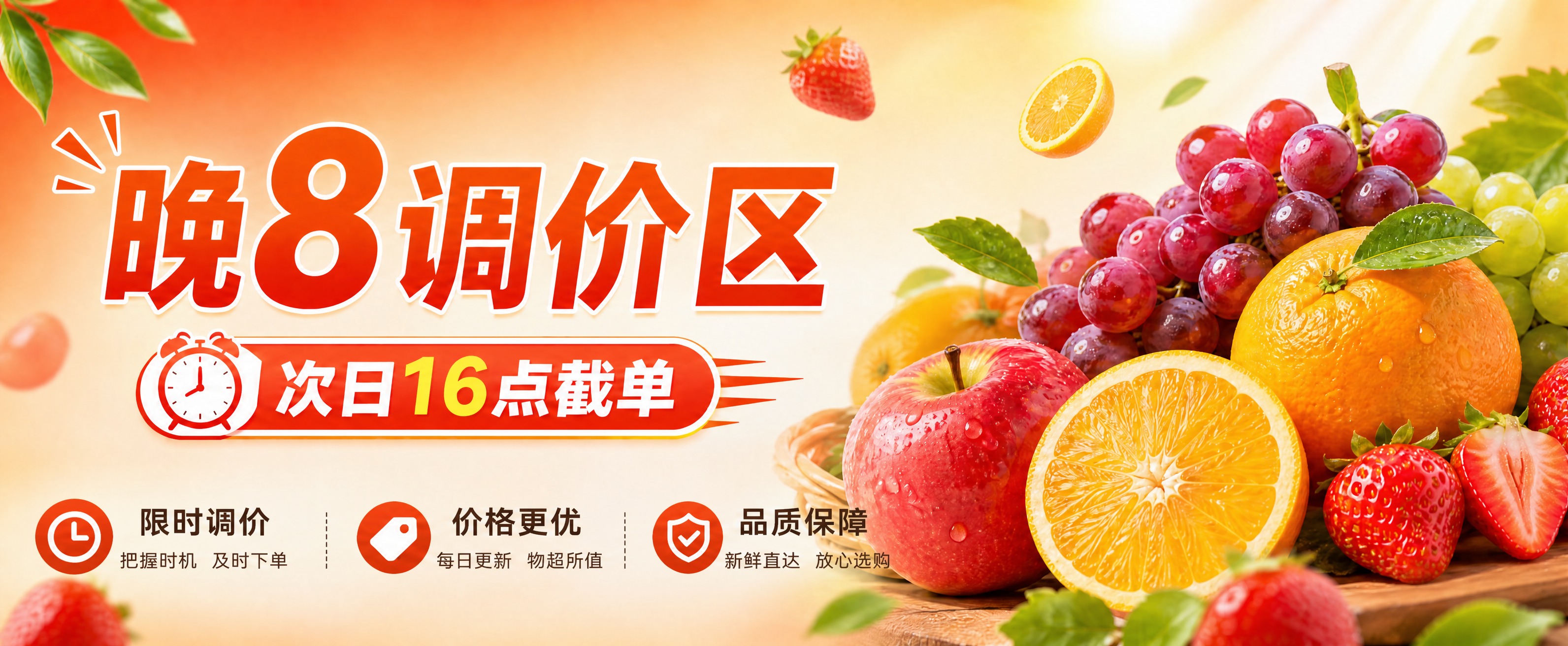 基于这张晚8调价区水果海报，删除底部的"二维码占位"红色方块，… - 图片创意预览