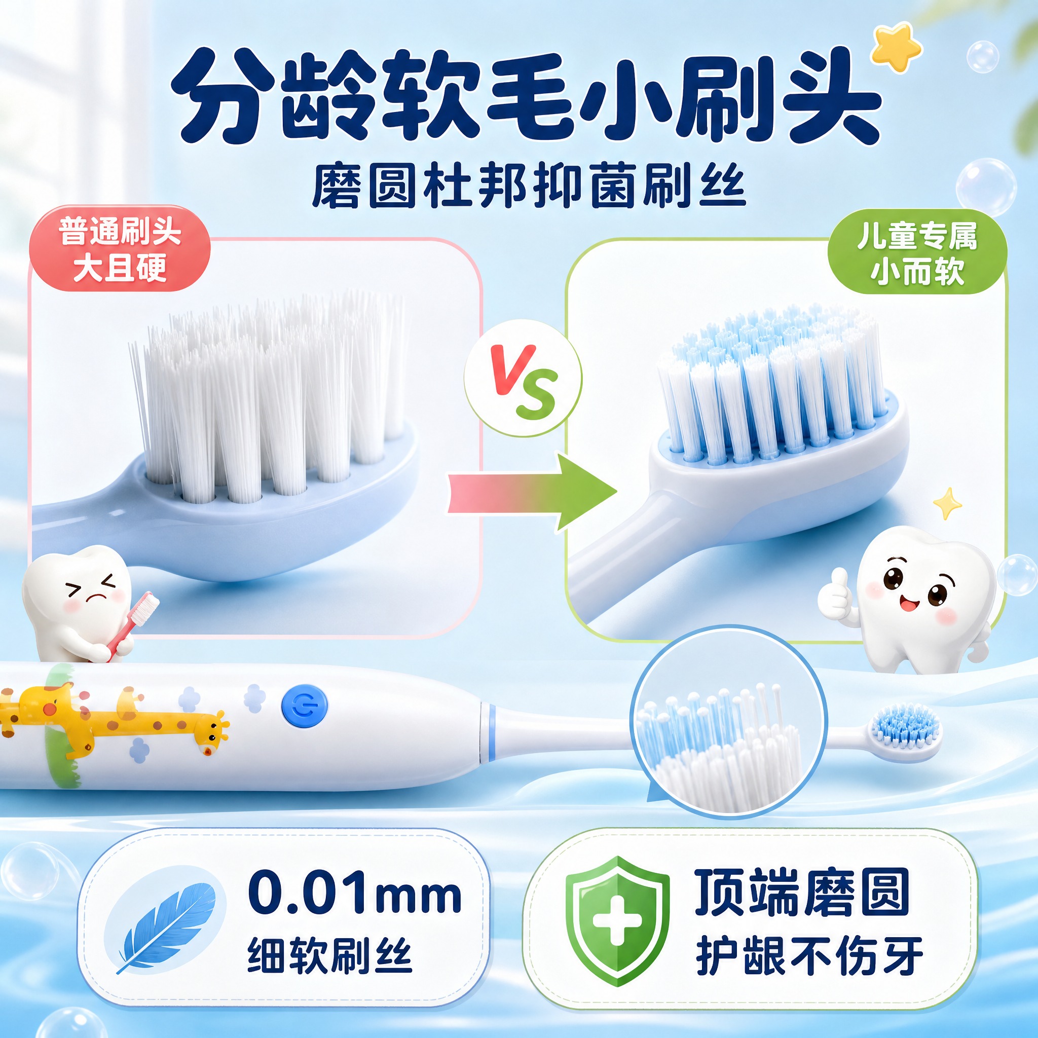 [主图-2] 儿童声波电动牙刷 核心功能图 分龄软毛小刷头 磨… - 图片创意预览