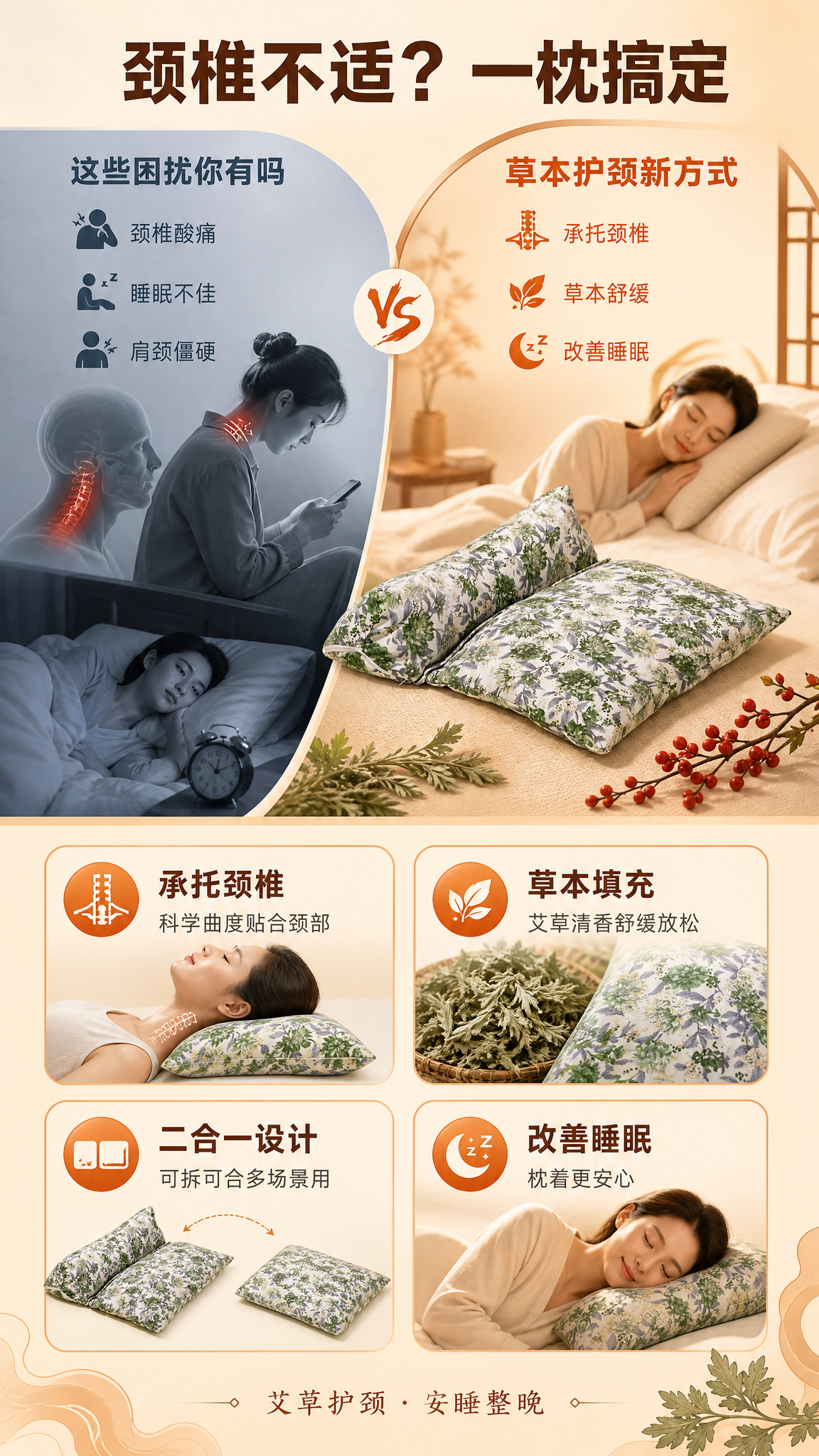 [第2张] 详情页痛点页-颈椎不适与睡眠困扰解决方案对比。本张… - 图片创意预览