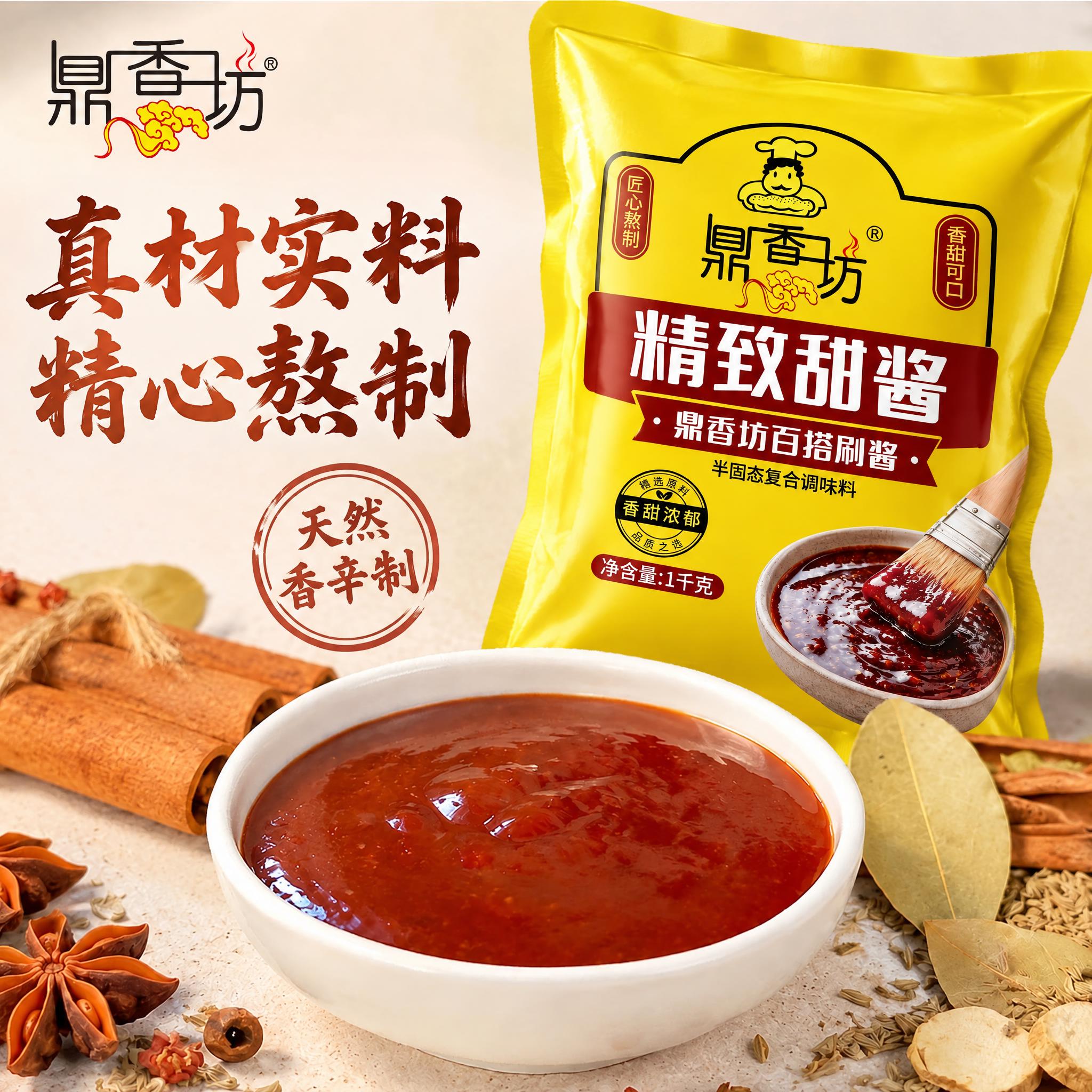 将图中的银色铝箔袋替换为图10中的黄色鼎香坊精致甜酱包装袋，保… - 图片创意预览