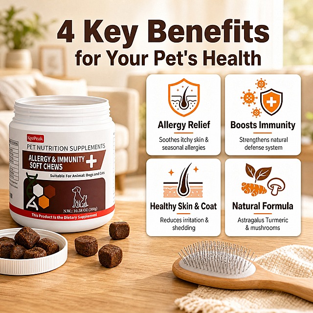 [主图-2] KeePeak Allergy & Immunity Soft Chews宠物过敏免疫软咀嚼片 核心功效卖点图，主任务是展示四大核心益处：缓解过敏瘙痒、增强免疫系统、支持皮肤健康、天然草本配方，用真实证据组件证明价值。
[统一基调] 美国TikTok Shop风格，室内温馨暖调，自然光感，专业可信的宠物健康视觉；主背景为温暖浅木色台面+米白色柔和客厅环境，辅助色为产品包装的深棕色+橙红色，强调色为暖橙色，卡片用白色圆角轻量样式，标题用粗体无衬线英文字体，深棕色或白色，整体干净温馨有活力不杂乱。
[画面] 产品罐放在画面左侧，正面清晰，旁边开盖露出几颗棕色软咀嚼片，展示产品质地；右侧是2x2排列的四个白色圆角功效卡片，每个卡片上方有对应图标，下方是功效标题和简短说明：卡片1（左上）：过敏缓解，图标是盾牌+皮肤，文字"Allergy Relief - Soothes itchy skin & seasonal allergies"；卡片2（右上）：免疫支持，图标是免疫细胞/盾牌，文字"Boosts Immunity - Strengthens natural defense system"；卡片3（左下）：皮肤健康，图标是健康毛发皮肤，文字"Healthy Skin & Coat - Reduces irritation & shedding"；卡片4（右下）：天然配方，图标是草本植物，文字"Natural Formula - Astragalus Turmeric & mushrooms"；背景延续温馨客厅场景，更虚化突出产品和卡片，台面上有一个宠物毛刷作为皮肤健康语境组件。
[光影质感] 柔和自然光，主光右上方，产品罐白色质感真实，软咀嚼片有自然颗粒质感和光泽，卡片有轻微投影浮在台面上，整体干净专业温馨。
[配色] 主背景浅木色+米白，产品深棕+橙红为主色，卡片白底深棕字，图标用棕色和橙色搭配，标题深棕色粗体，全套统一色板。
[文字版式] 顶部大标题粗体深棕色英文"4 Key Benefits for Your Pet's Health"；四个功效卡片两列两行排列在右侧，每个卡片内图标上、标题大、说明小，层级清晰；文字都不遮挡产品主体。
[输出要求] 1:1正方形，2048x2048，产品外观与输入图完全一致，开盖和软咀嚼片状态真实，文字清晰可读，无变形无错字无水印无平台Logo，禁止中文，信息丰富但不杂乱。