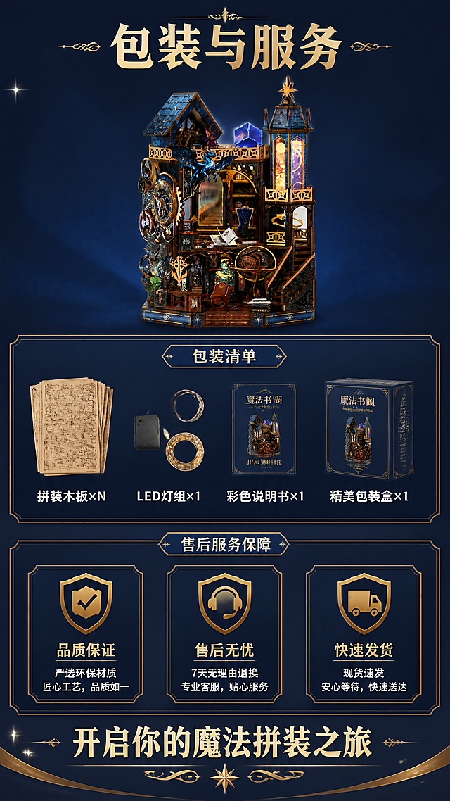 [第12张] 详情页收尾礼遇-包装清单与售后服务。本张使用【图4】作为产品主体展示。
[氛围/风格] 信任保障风，深蓝金配色，专业可靠，行动号召。
[元素布局] 画面上方为产品成品小图，占比约30%，居中展示；中间为包装清单图标区，横向排列产品本体、说明书、LED灯组件、包装盒等图标；下方为售后服务保障区，三个服务承诺并列；背景深蓝色，底部有金色装饰边框；产品结构与输入图一致。
[光影质感] 整体明亮清晰，产品受光均匀，信息区对比度高，文字清晰可读。
[配色色系] 全局底色 #0A102E 深蓝；主色金色+深蓝；辅助色白色正文、浅蓝图标。
[视角构图] 上中下三段式布局，阅读动线从上到下。
[文字版式] 顶部主标题「包装与服务」金色大字；中间包装清单配图标「拼装木板×N」「LED灯组×1」「彩色说明书×1」「精美包装盒×1」；下方三个服务保障「品质保证」「售后无忧」「快速发货」，每个配盾牌图标金色边框；底部行动号召「开启你的魔法拼装之旅」金色大字，配装饰线条；文字清晰，层级分明。
[比例分辨率] 9:16 竖版比例，4K分辨率，文字清晰可辨，高清画质。
[负向提示词] 产品变形，颜色偏差，水印，文字错乱，图标模糊。