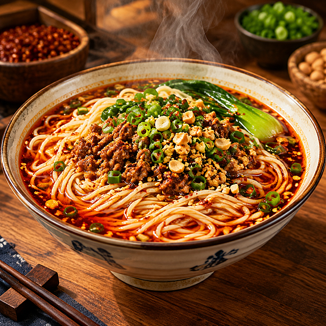 重庆小面店铺头像，写实风格，一碗热气腾腾的重庆小面，红油辣椒葱花花生碎，面条根根分明，诱人食欲，木质桌面背景，暖色调灯光，美食摄影，高清细节，无圆形边框，正方形构图