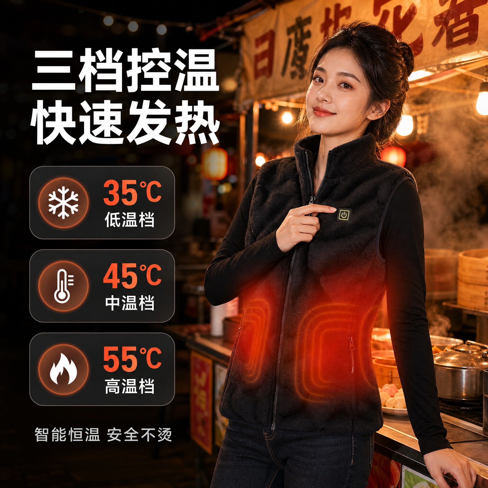 [主图-功能参数展示图] 黑色立领电加热马甲，抖音电商爆款促销… - 图片创意预览